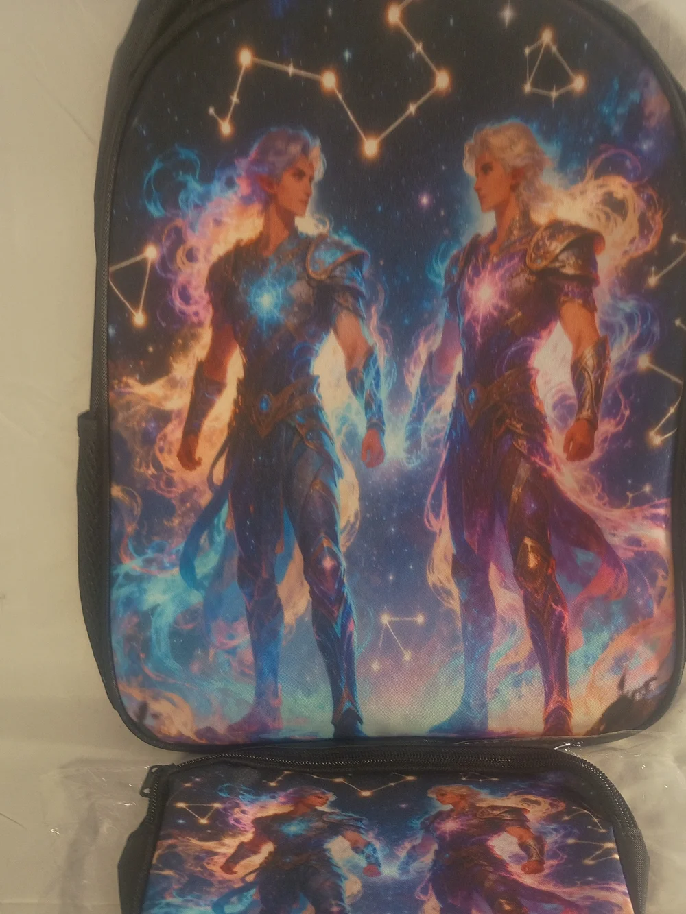 Cosmic Twin Warriors Backpack Set - Blue & Purple Galaxy Print
